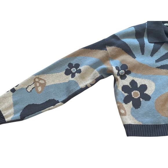 Hollister Cotton Blend Blue Cropped Cardigan, Mushrooms, Flowers, Size S - Picture 8 of 14